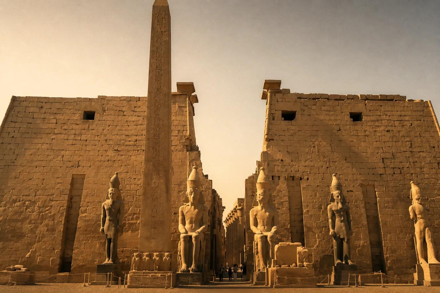 Luxor Temple floodlit at night beside the Nile