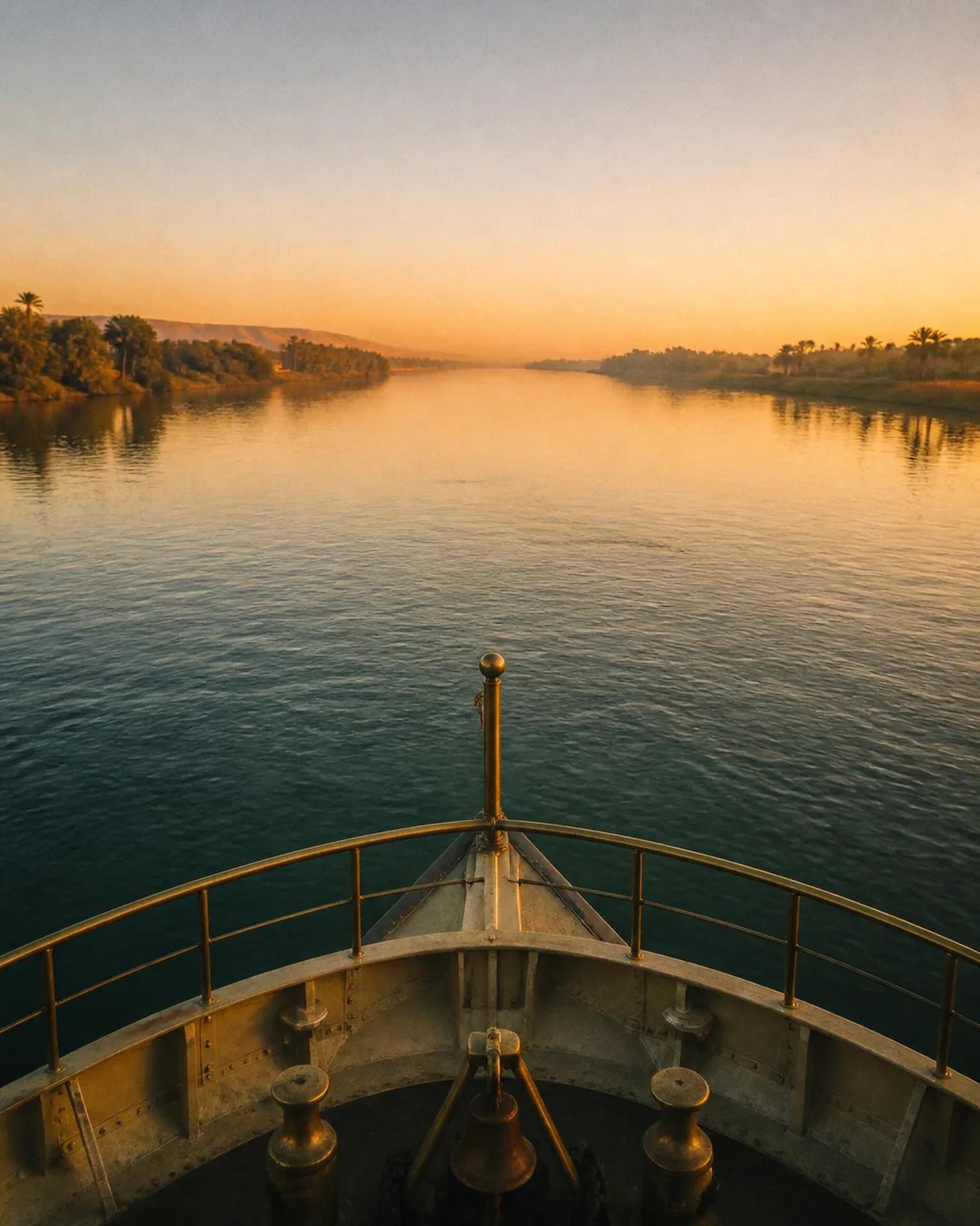 The Nile at sunset seen from the bow of a boat heading upriver