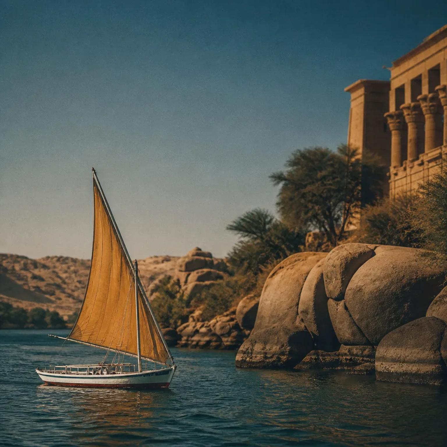 A felucca moored below the Temple of Philae near Aswan