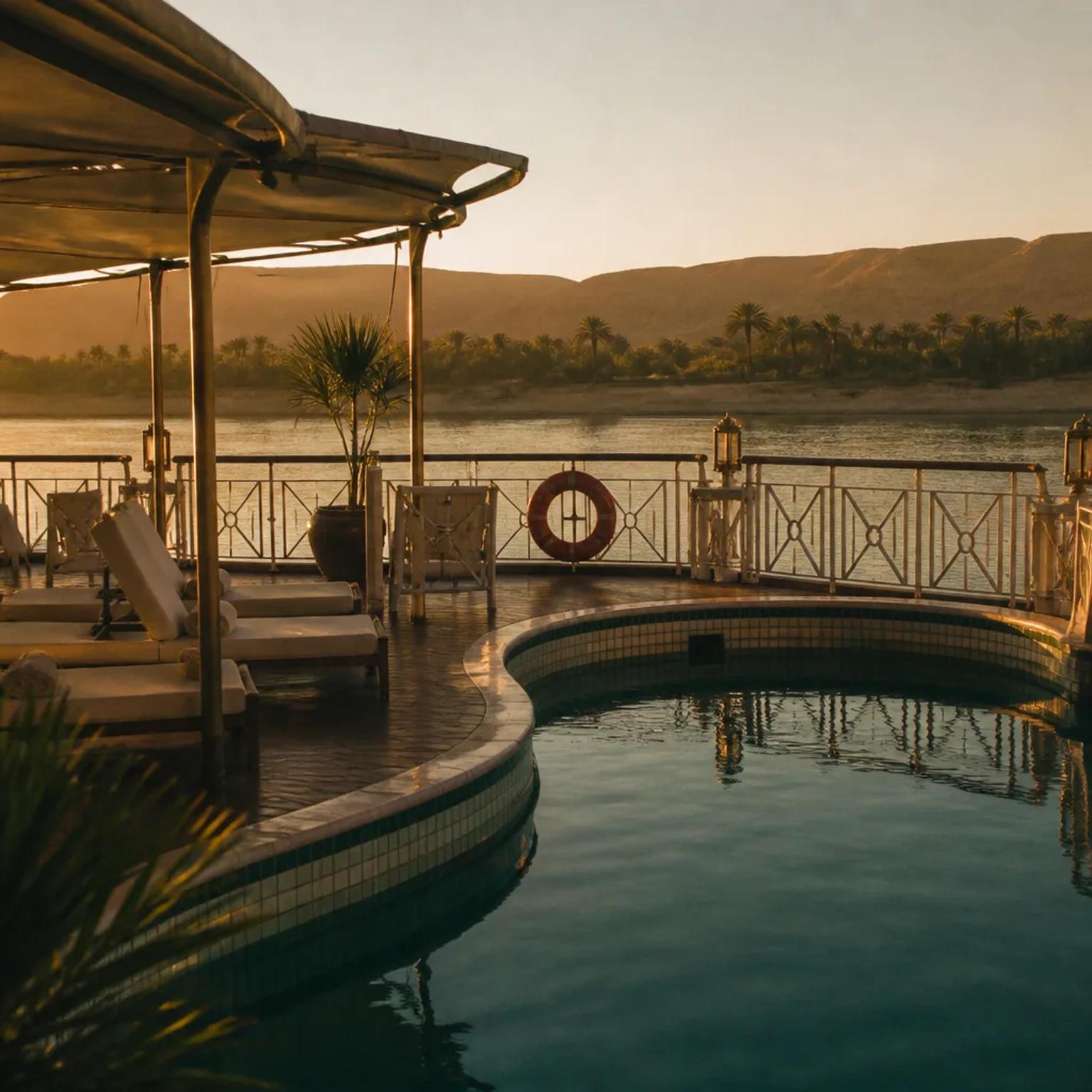 Sun deck of a Nile cruise ship under way between Luxor and Aswan