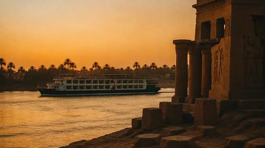 Una nave da crociera sul Nilo passa davanti a un tempio al tramonto