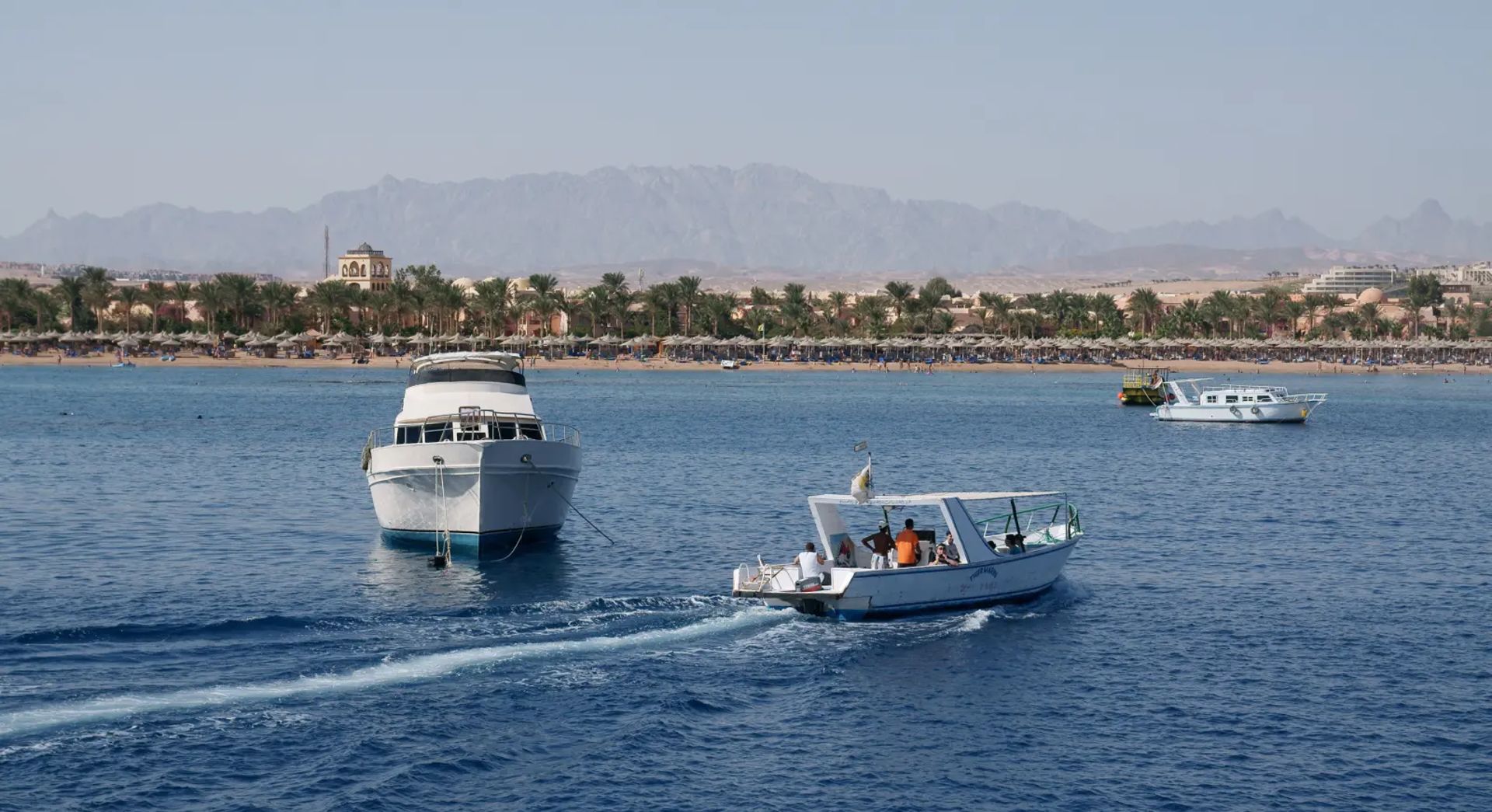 Makadi Bay and its beachfront resorts seen from the water