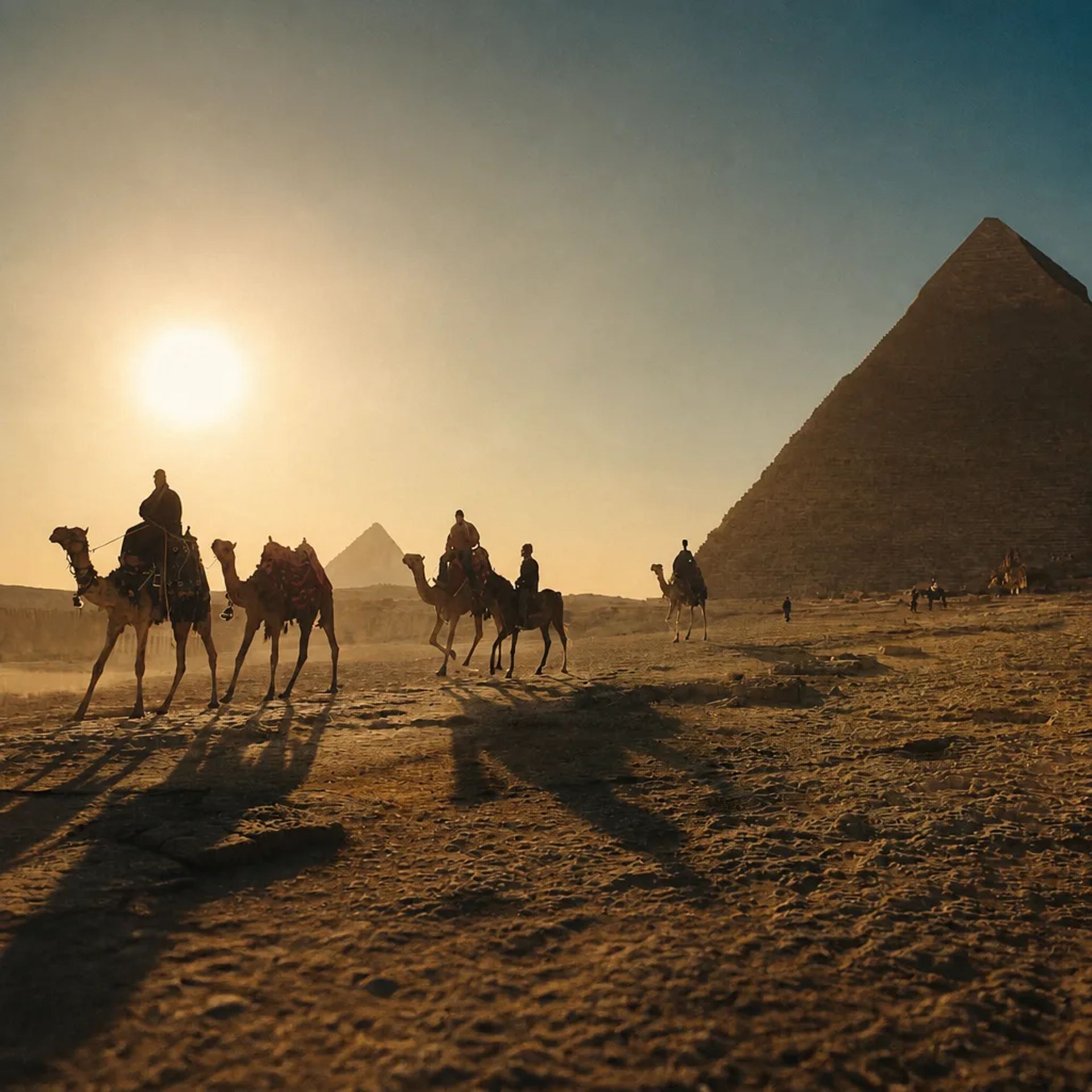 A pyramid-view hotel terrace on the Giza plateau at dusk