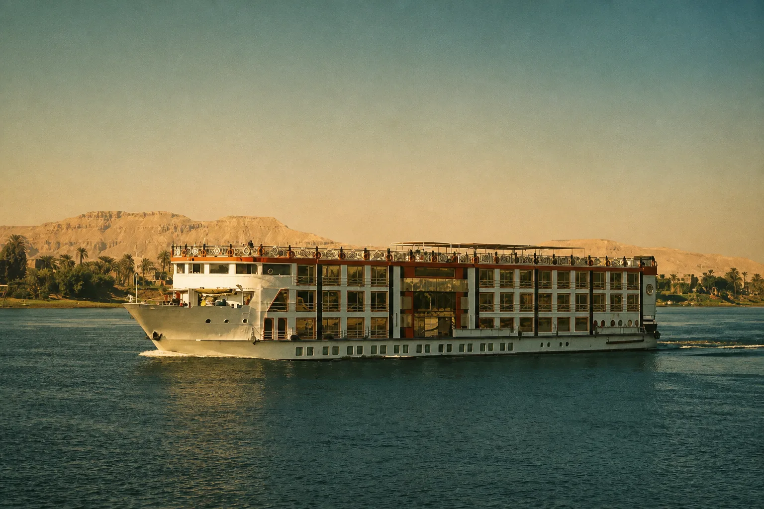 A Nile cruise vessel at sunset on the Nile River