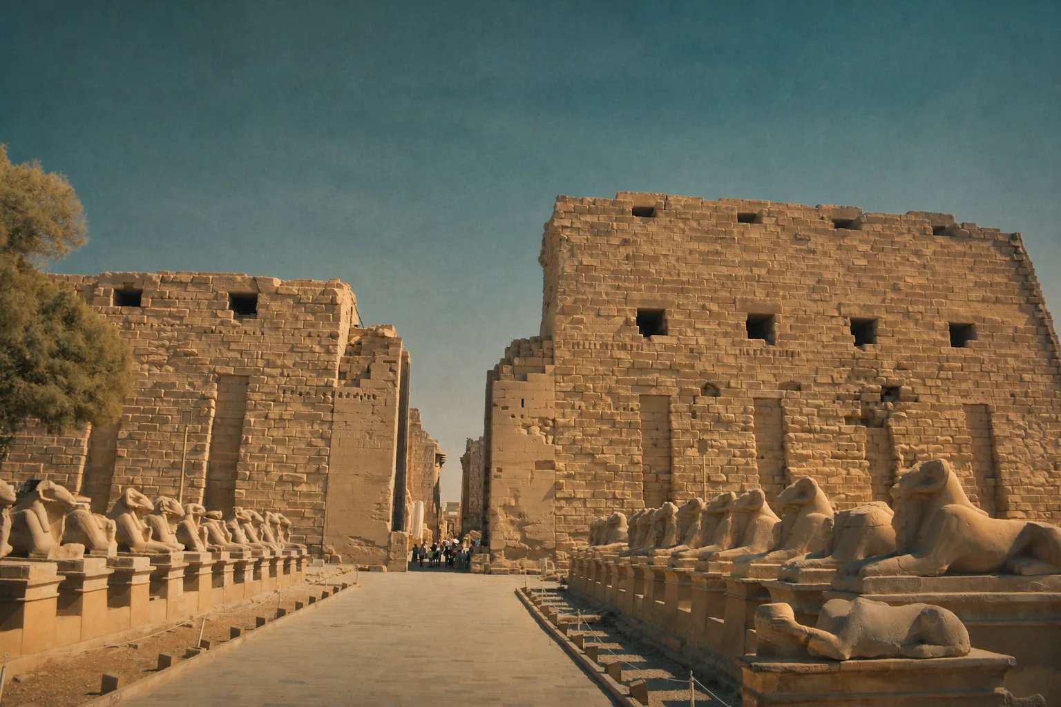 Sphinx avenue at Karnak Temple, stone guardians in the first light before the crowds