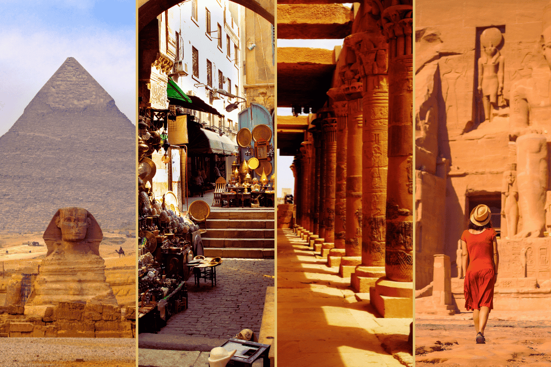 Collage of iconic Egyptian landmarks: the Great Pyramid and Sphinx, a bustling market, ancient temple columns, and a traveler at Abu Simbel with Discovery Tours Egypt.