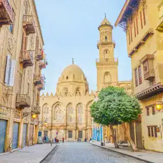 Historic street view with beautiful architecture.