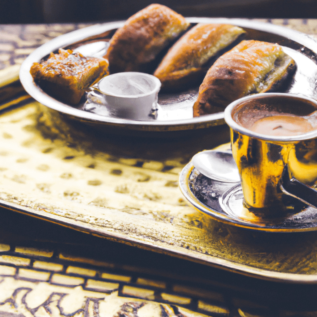 Plate of pastries with coffee on a tray