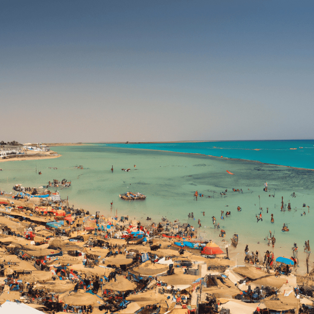 Vibrant beach scene with people and colorful umbrellas.