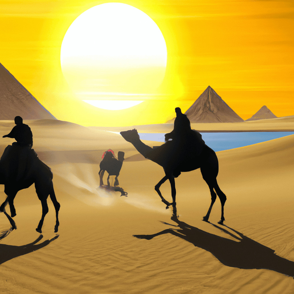 Silhouetted riders on camels in a desert sunset.