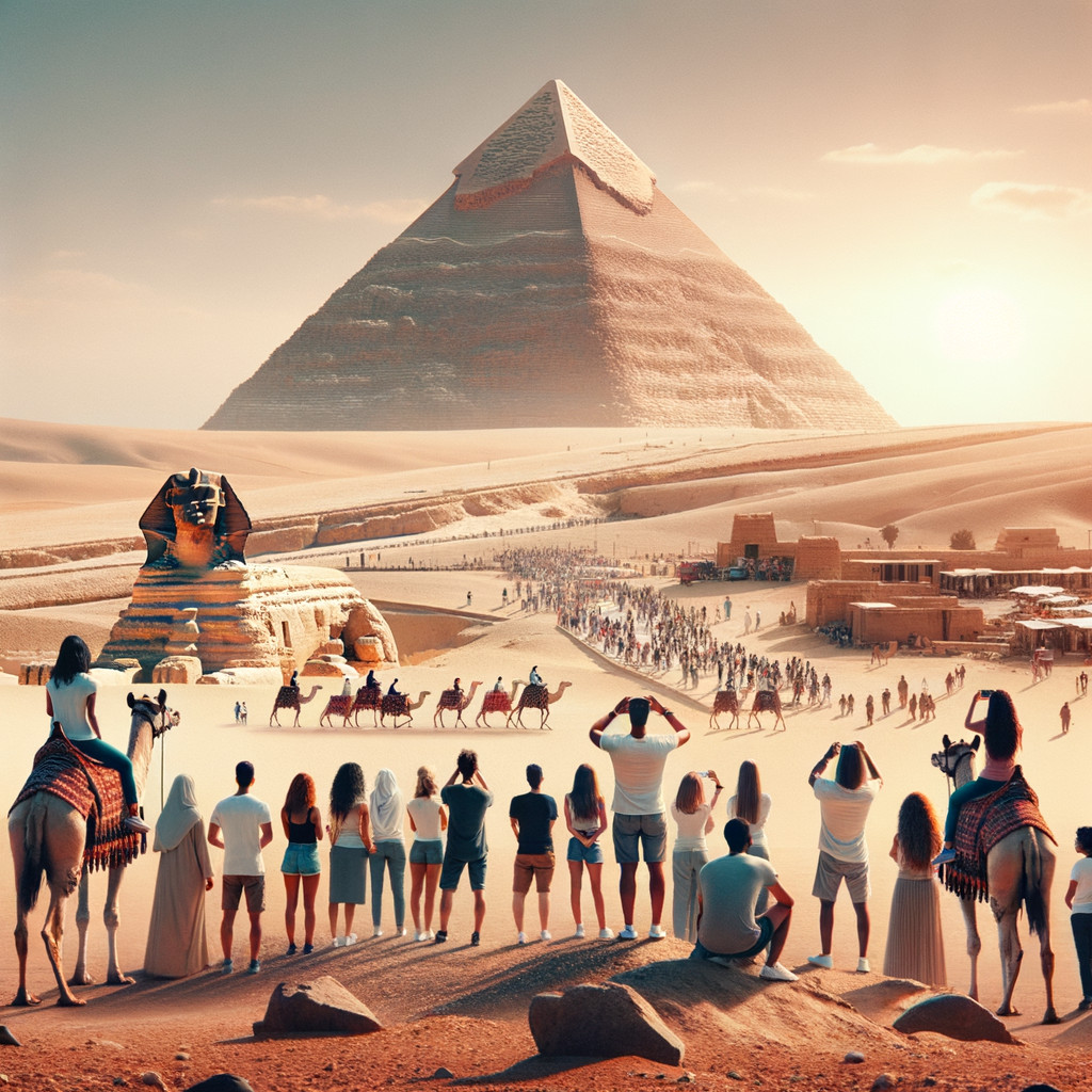 Tourists admire the Great Pyramid of Giza.