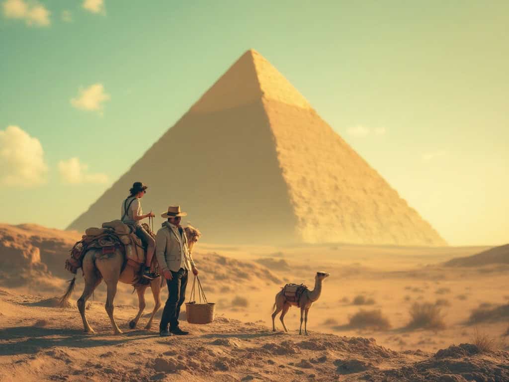 Travelers near a pyramid in the desert