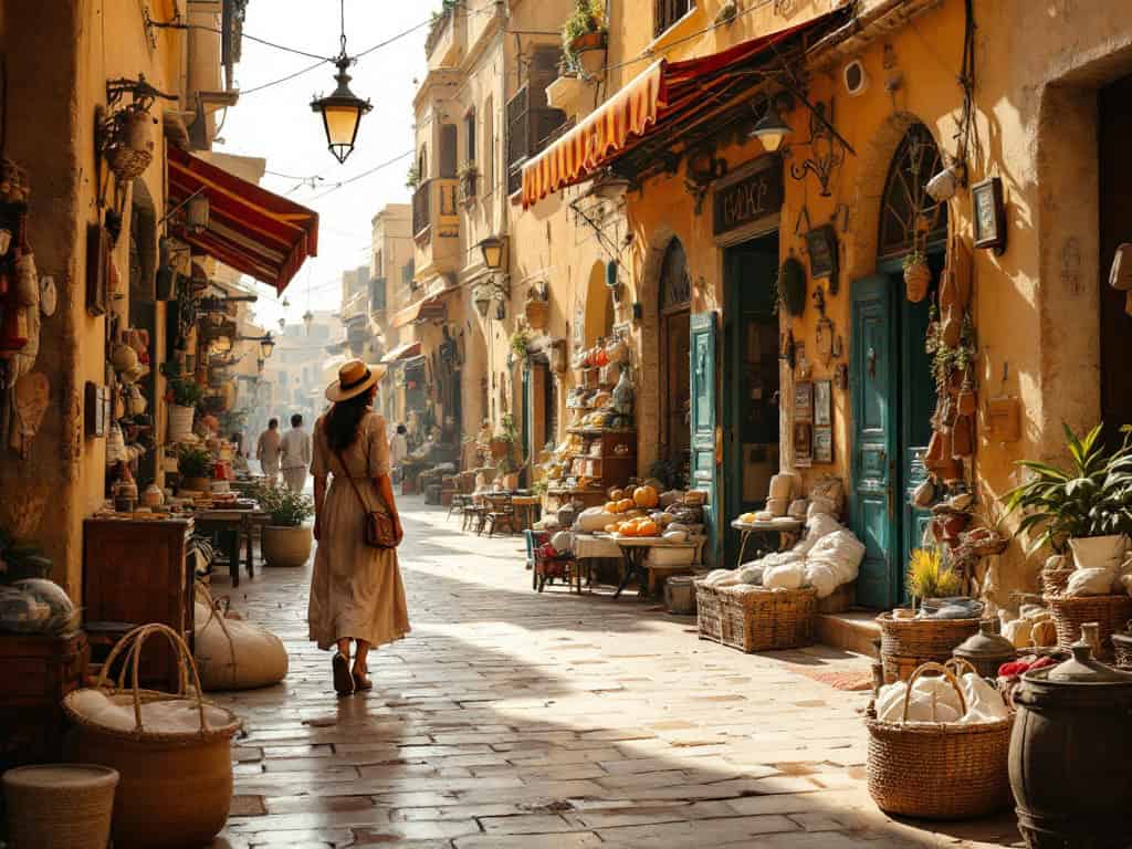Woman strolling through a charming market street.