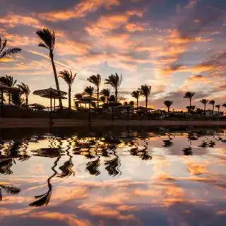 Beautiful romantic sunset over a sandy beach and palm trees. Egypt. Hurghada