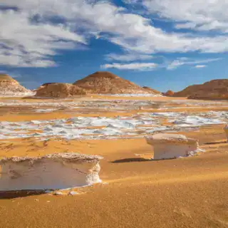 Chalk rocks in the White Desert at sunset. Egypt, Baharia