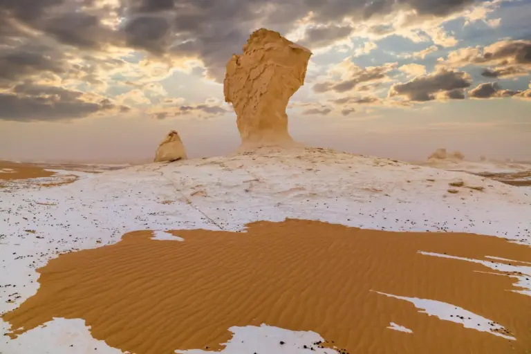 Chalk rocks in the White Desert at sunset. Egypt, Baharia