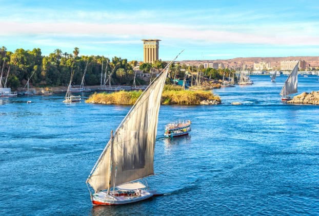 Feluccas sailing along the Nile River in Aswan during an Aswan Excursion