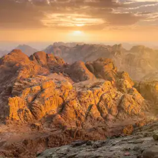 View from Mount Sinai at sunrise the best hiking trails. Beautiful mountain landscape in Egypt