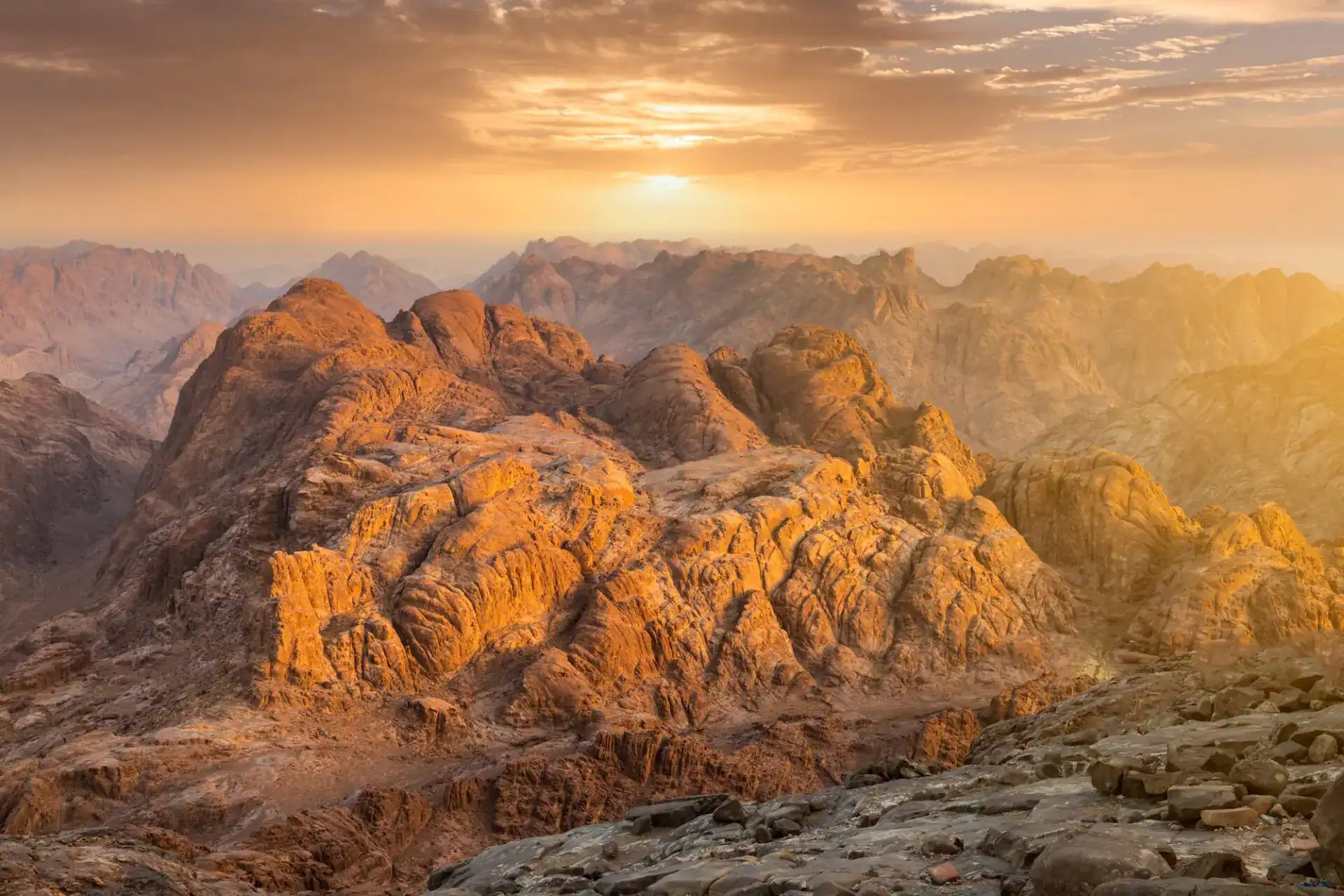 View from Mount Sinai at sunrise the best hiking trails. Beautiful mountain landscape in Egypt