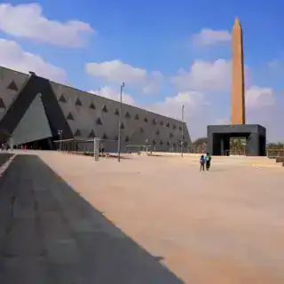 The Grand Egyptian Museum near the Giza Pyramids displaying ancient Egyptian artifacts