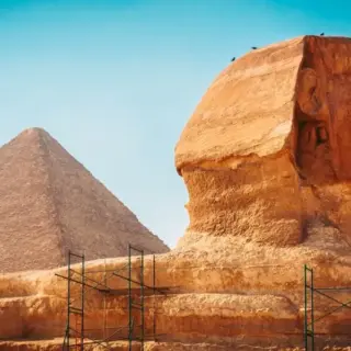 Ancient Sphinx and the great pyramid of Giza in Egypt.