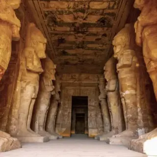 Interior with the sculptures of the pharaohs in the Abu Simbel Temple in southern Egypt