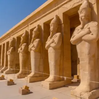 Sculptures of pharaohs entering the Funerary Temple of Hatshepsut in Luxor. Egypt