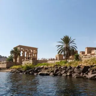 View from the Nile river of Temple of Isis in Philae Island in Egypt, anciente complex, travel