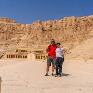 A couple at the Funerary Temple of Hatshepsut in Luxor on the return from Tourism