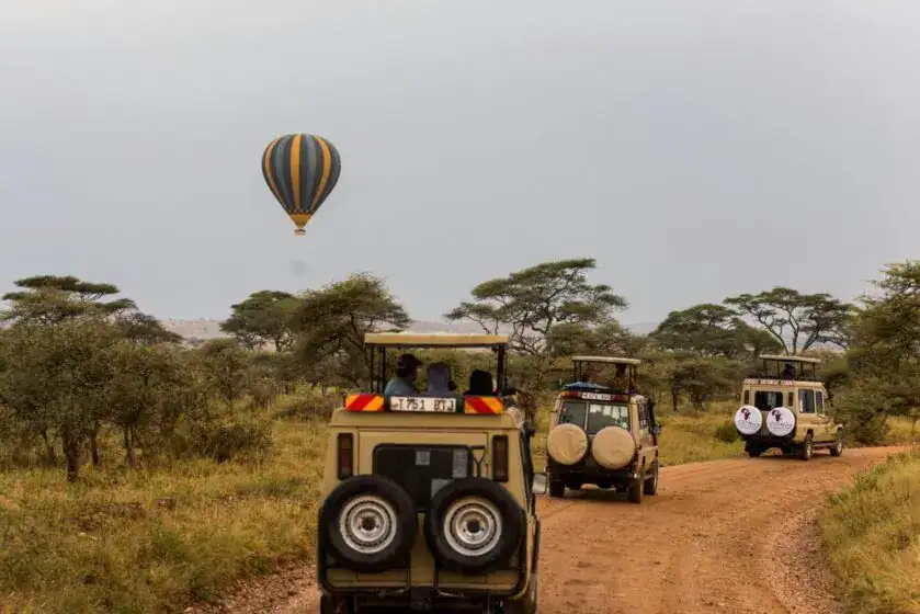 Scenic safari adventure in Tarangire with off-road vehicles and a hot air balloon in the savannah. Adventure Tours in Egypt