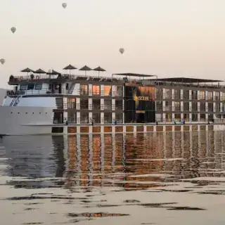 Sun deck of the Soleil Nile Cruise overlooking the Nile River.