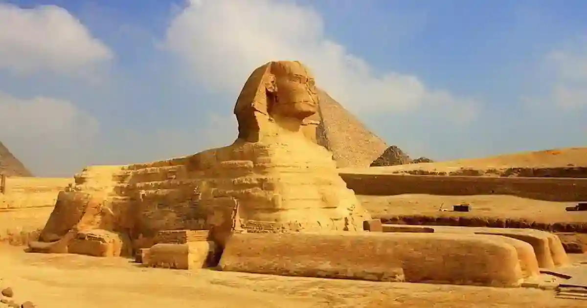 Close view of the Great Sphinx showing original sphinx face details