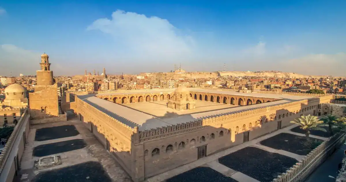 Ahmad Ibn Tulun Mosque courtyard and spiral minaret in Cairo