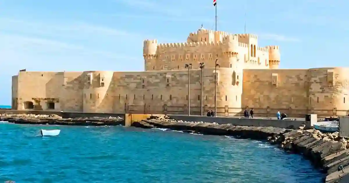 Aerial view of the Alexandria Citadel of Qaitbay surrounded by the Mediterranean Sea
